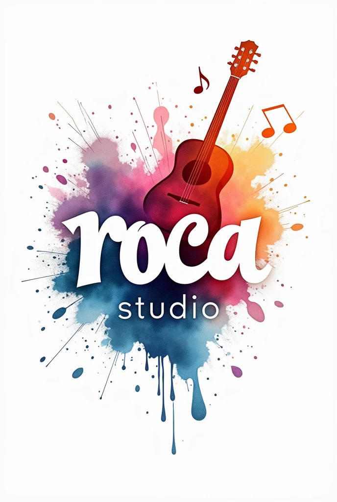 Irregular white letters with watercolor stains and combined with a music and guitar motif that say "Roca Studio" on a white background