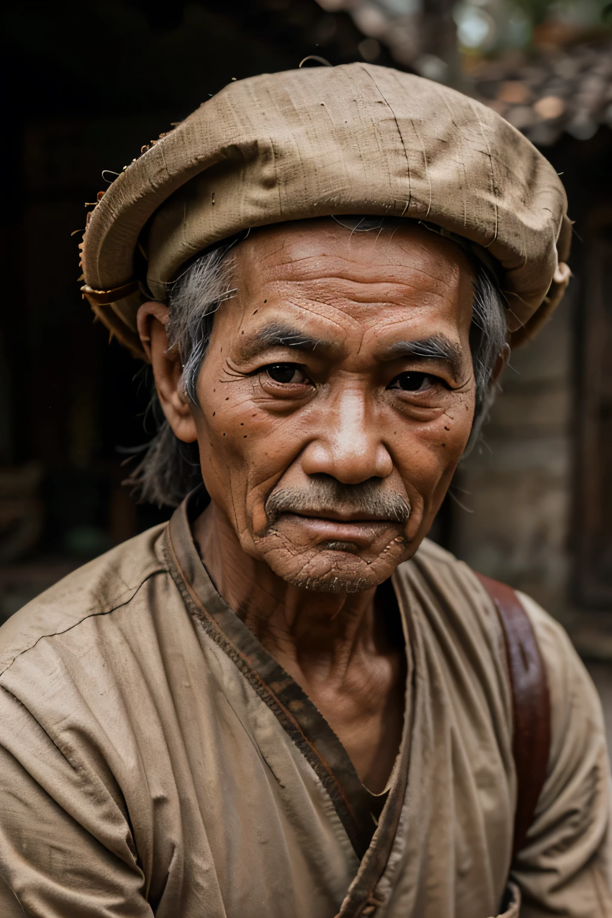 Ultra realistic portrait sepia toned photography. Used Canon EOS R5 camera, with 85mm lens. Close-up of the face of an elderly Vietnamese peasant man, dressed in a typical rural costume,