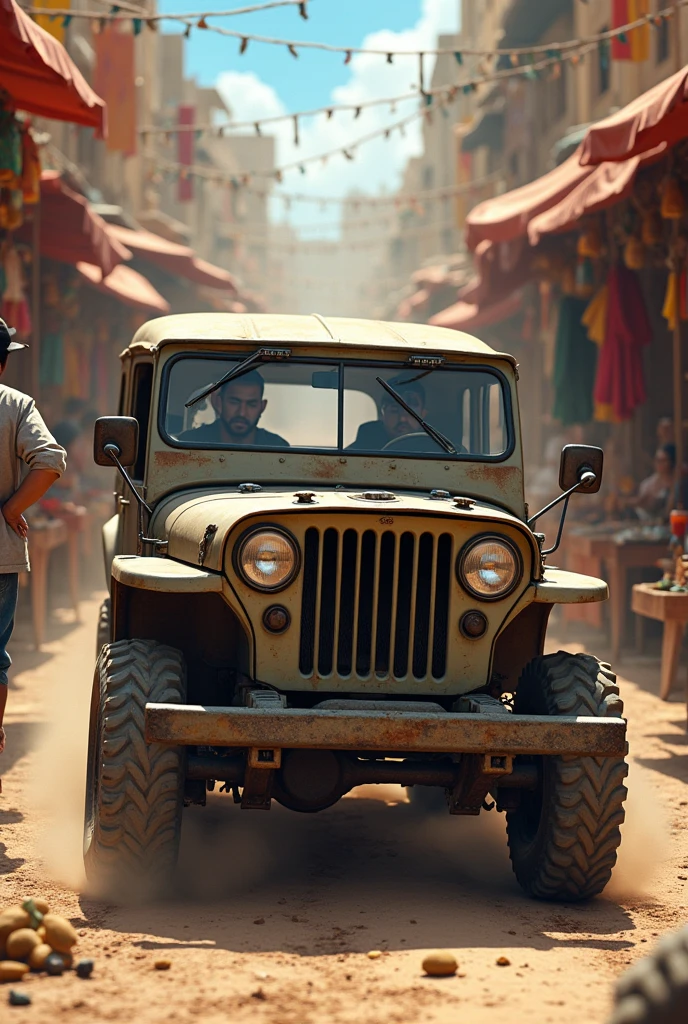 A jeep driving towards a market