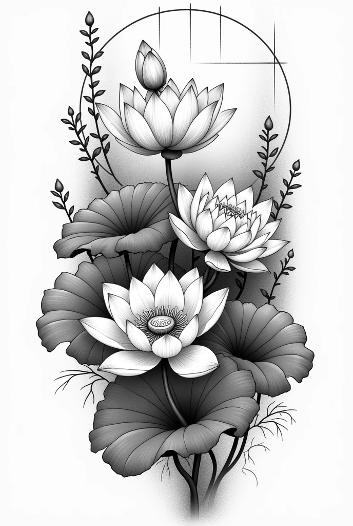 Tatouage fleurs de lotus japonaise noir et blanc style temple 