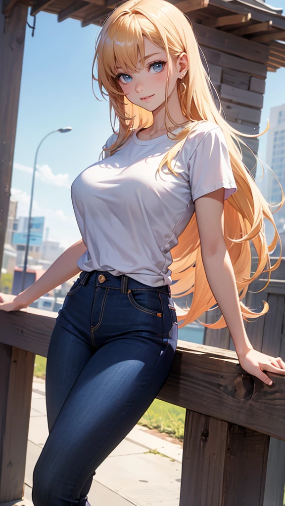Beautiful girl,  beautiful eyes, hq detailed body, hq detailed eyes, anime retro style, jojo pose, smiling, looking atthe camera , blond hair, long hair, sexy, big breasts, tshirt with an elephant, black jeans, beautiful body, beautiful face,4k mid body