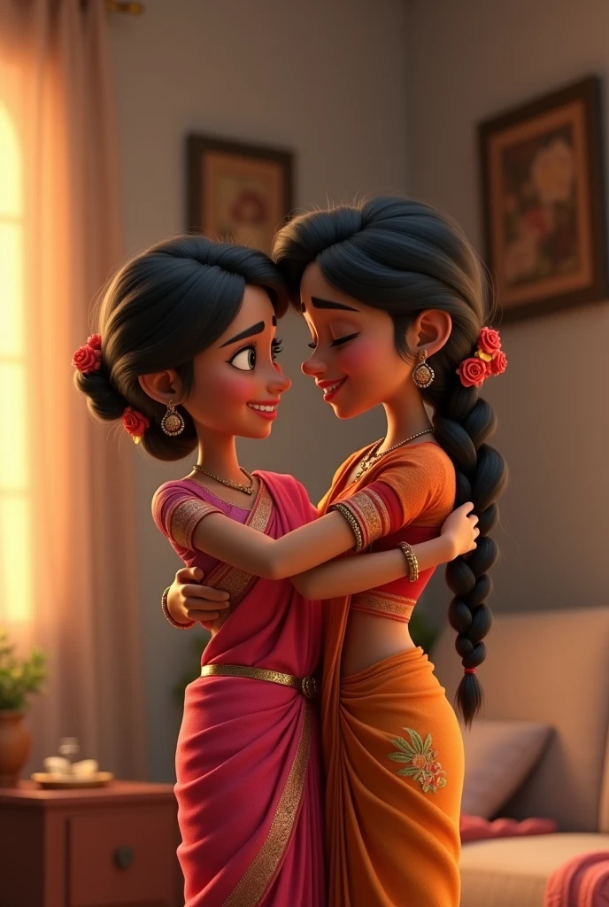 One day, Ravi bought a beautiful saree for Mitu.
8. Mitu, with tears of joy, embraced Ravi warmly.
Would you like to create individual 3D animation-style images for each of these lines?