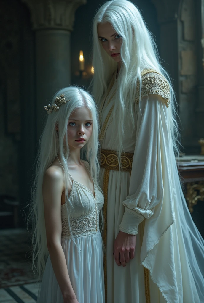 make a young girl low with long white hair, purple eyes, very pale white skin, very beautiful and sexy, half naked, in a mwdieval room from the middle ages, next to him a very tall man, purple eyes and pearly white hair with pale white skin