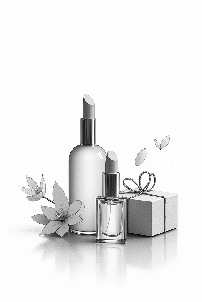 create a black and white 2D illustration without a background of lipstick joining, perfume and gift