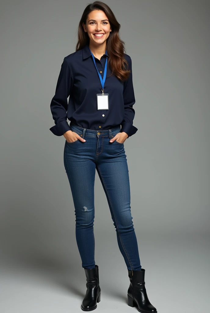 Raise a happy woman, with dark blue button down blouse, jeans and black boots. wearing an identification badge