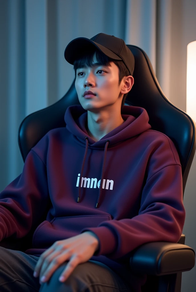 A handsome white Korean man sitting on a gaming chair wearing a dark purple decent hoodie while wearing a black ball cap, with name on hoodie " imman "