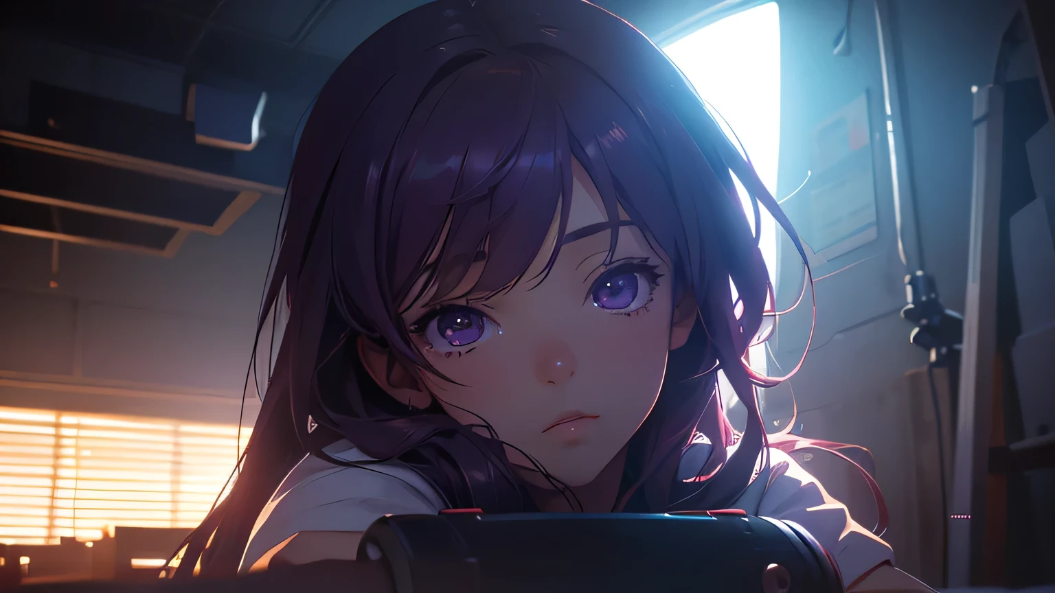 Best quality lofi anime images Masterpiece Ultra-high resolution (Realism: 1.4) Original image Cinematic lighting Deep purple
1Girl Tyndall effect Light and shadow Shadow