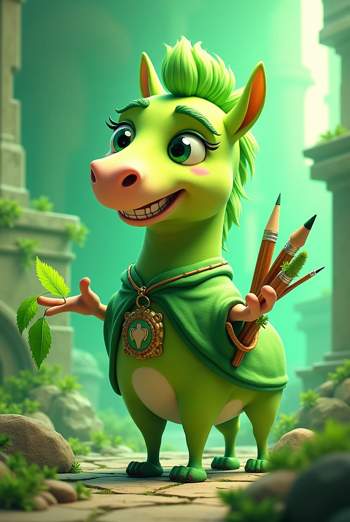 Animated character referring to marketing, marketer with Trojan details, lots of creative green 