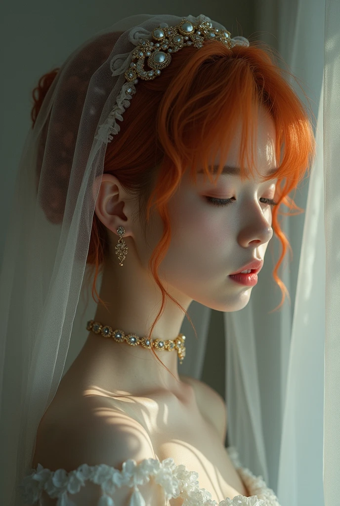 in his internal scream, Yeonjun looks down at the ground with regret, while his thin and slender body is dressed in fine and elegant silk fabrics. Precious jewels surround her neck and a boanco veil covers her face. Her deep orange hair can be seen under the fabric. He is a young man. Beauty angelical.