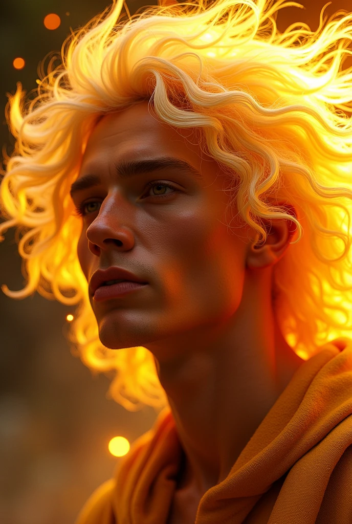 a guy with sun hair, his hair is as bright as the sun in the truest sense.
