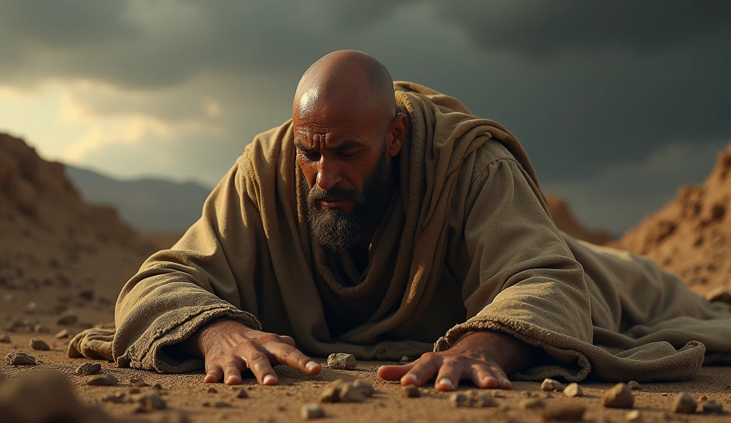"Create a dramatic and realistic Job scene, a man with a suffering and dignified appearance, tearing his cloak in a moment of despair. He is in a desolate environment, with the barren land around it. Job has his head shaved and expresses pain and sadness on his face. He prostrates himself on the ground, with hands resting on the ground, in a pose of surrender and lament. Sunlight filters through dark clouds, creating a contrast between hope and desolation. The scene must convey deep emotion, reflecting Job's suffering and faith, with realistic details that capture the gravity of the moment."