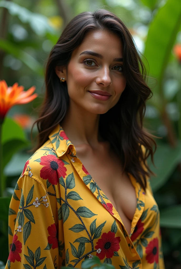 A Brazilian woman in a lush tropical garden, wearing an open shirt with a floral print, with a close-up capturing the harmonious beauty between her breasts and the natural flowers, showing off your natural charm and outgoing personality.