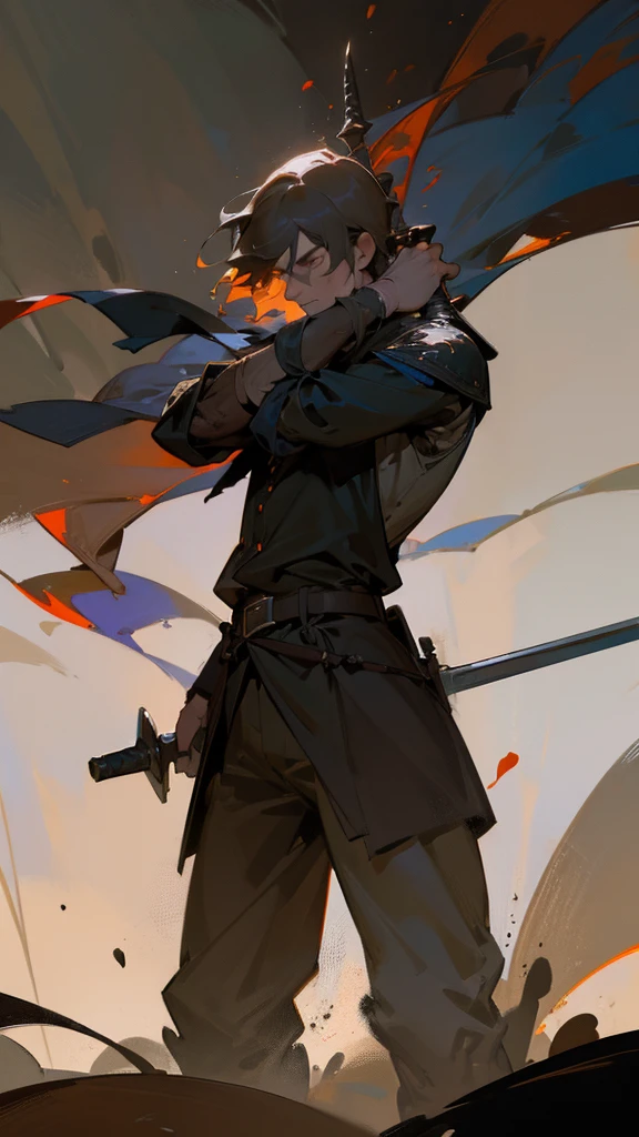 epic battle scene, man with sword, blood and gore, grim expression, medium shot, medieval warrior with sword, dynamic pose, man 40 years old, wearing simple shirt with belt and loose brown pants, мужчина замахивается для удара, большой двуручный меч в руках, мужчина смотрии вперед, сосредоточенный взгляд, dynamic effects, medieval, fantasy,dramatic lighting, atmosphere,cinematic composition,highly detailed ,piercing eyes,detailed musculature,weathered skin,tattered clothing,dirt and grime,blurring in background,volumetric lighting,dramatic shadows,cinematic color grading