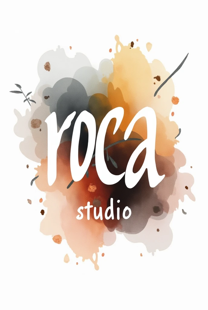 Irregular white letters with watercolor stains and combined with a music motif that say "Roca Studio" on a white background
