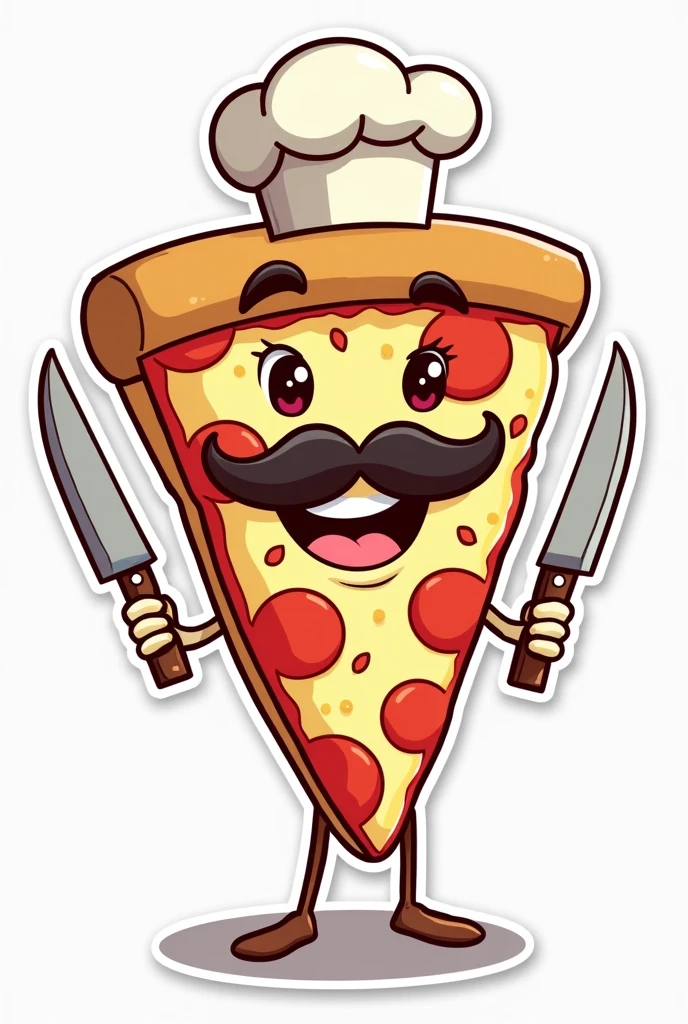 Sticker of a slice of pizza with a mustache and a chef&#39;s hat with feet and hands with chef&#39;s knives Happy Not cute Not anime
