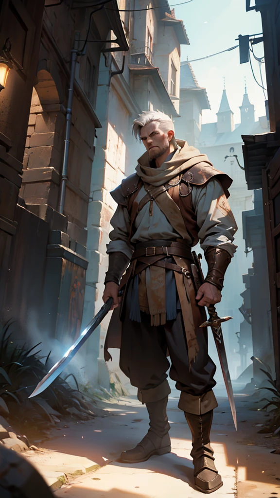 epic battle scene, man with sword, blood and gore, grim expression, medium shot, medieval warrior with sword, dynamic pose, man 40 years old, wearing simple shirt with belt and loose brown pants, мужчина замахивается для удара, большой двуручный меч в руках, мужчина смотрии вперед, сосредоточенный взгляд, dynamic effects, medieval, fantasy,dramatic lighting, atmosphere,cinematic composition,highly detailed ,piercing eyes,detailed musculature,weathered skin,tattered clothing,dirt and grime,blurring in background,volumetric lighting,dramatic shadows,cinematic color grading