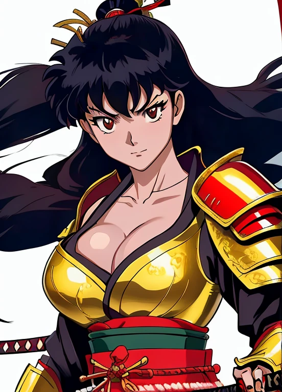 masterpiece, best quality, 1girl, Kagome Higurashi, Kagome Higurashi as a Samurai Geisha, long black hair, brown eyes, 2, Japanese mature female, matured face, big breasts, cleavage, she's looking directly at the camera with a (fierce, dangerous, seductive) gaze. She stands tall while donning the formidable gold and red armour plated traditional armor of a samurai. Holding traditional samurai katana sword. Her gaze is both alluring and fierce, as she holds the sword with a delicate yet deadly grip.
