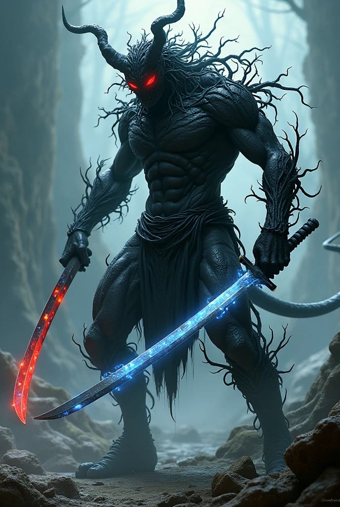 A demon made of black roots with red eyes with two katana shaped swords one blue and white and one black and red make the swords more menacing make the demon a swordsman