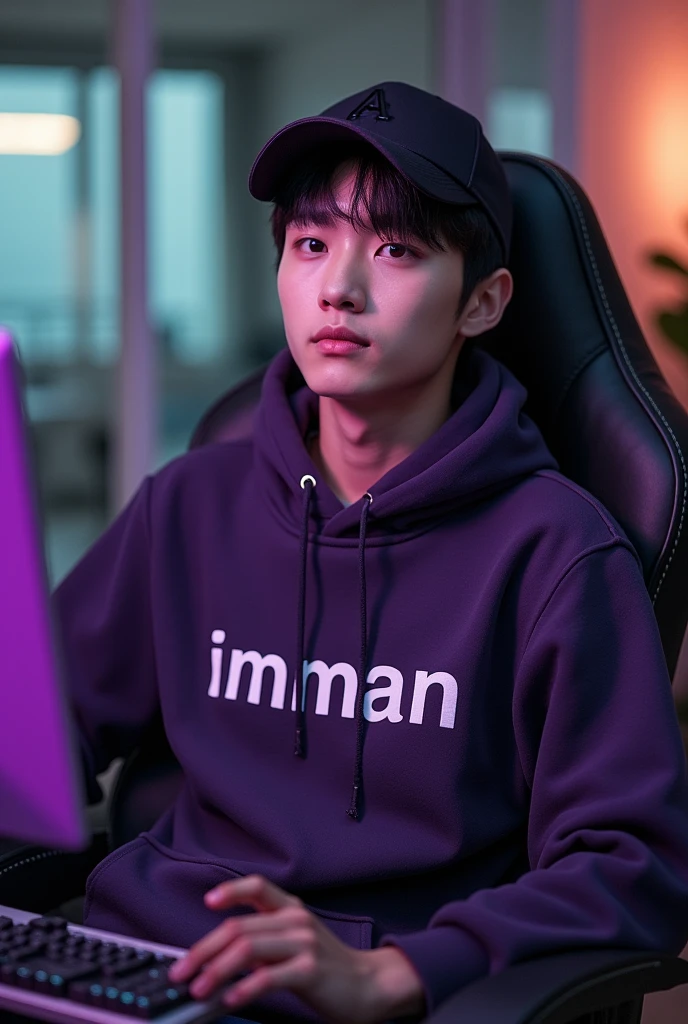 A handsome white Korean man sitting on a gaming chair wearing a dark purple decent hoodie while wearing a black ball cap, with name on hoodie " imman "