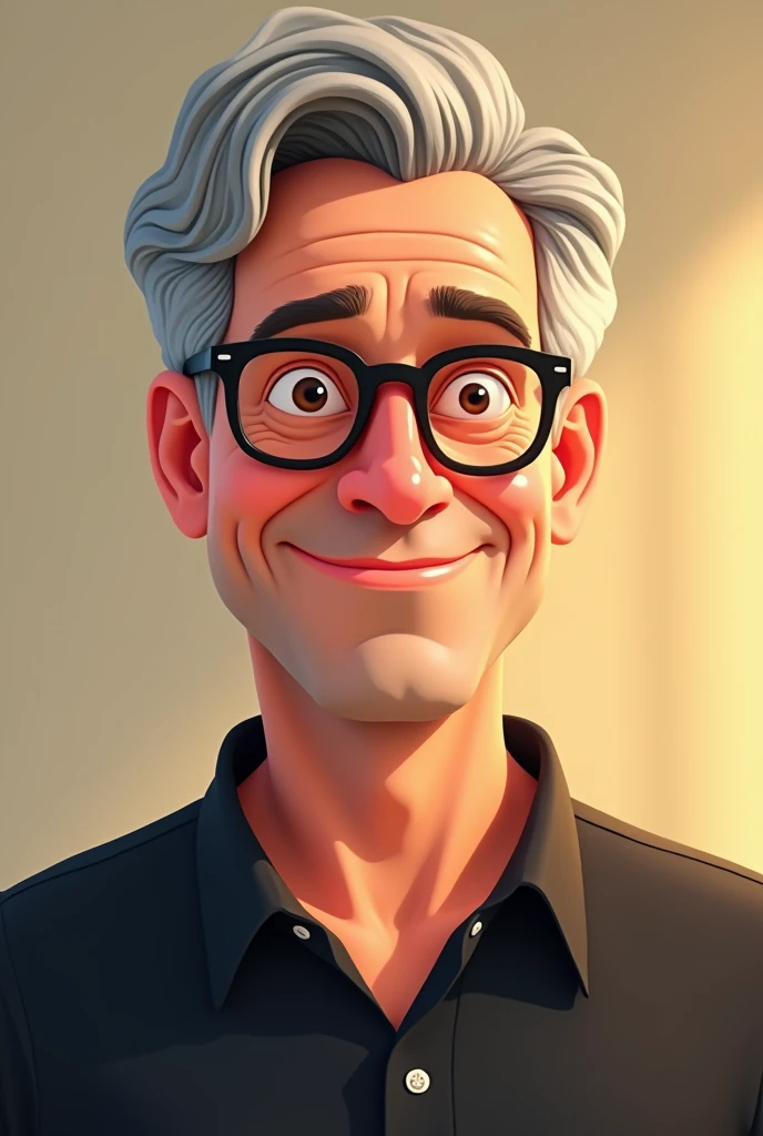 Create a Pixar cover of a man, 40 year old, straight and gray hair, wearing glasses and smiling, wearing black blouse.