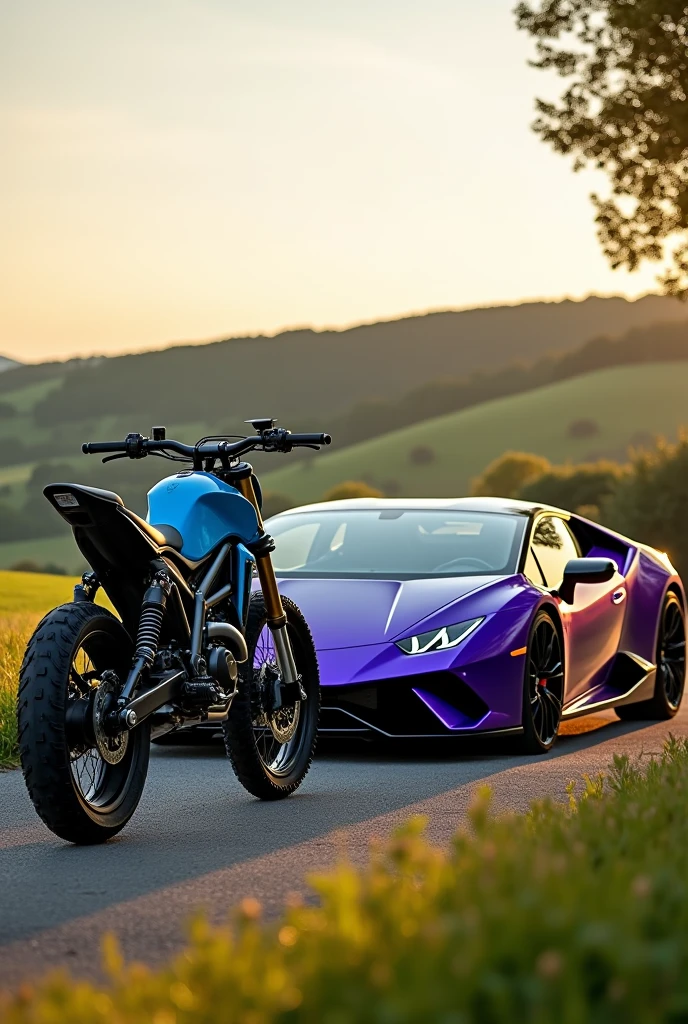 high quality photography ((masterpiece))
A blue enduro bike and next to it a purple Lamborghini In the countryside, The afternoon is already falling