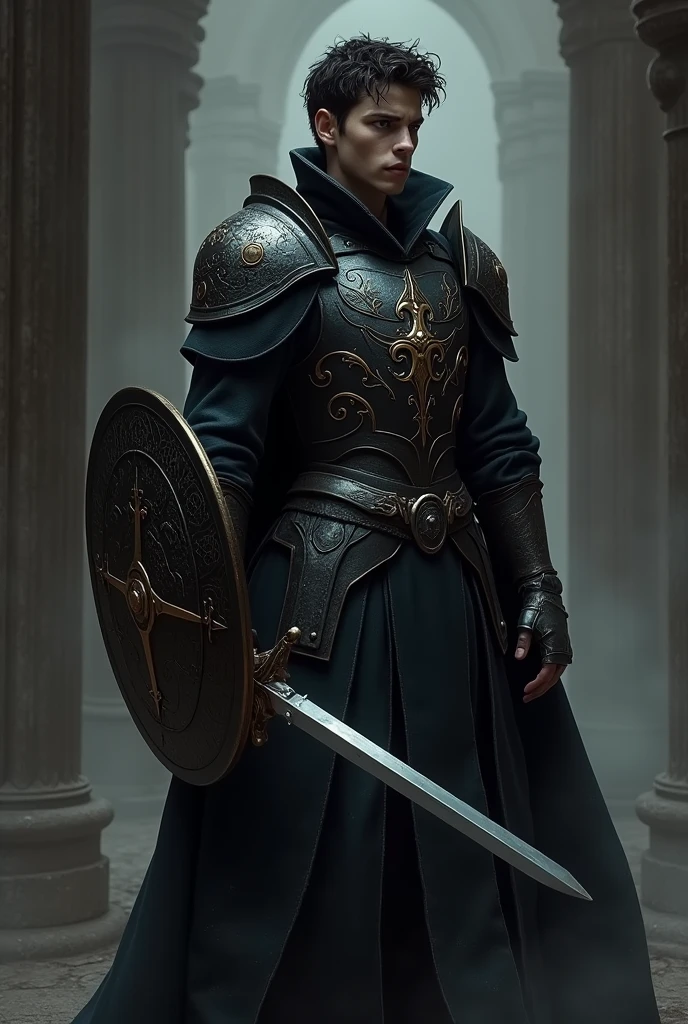 Young Dark Paladin, thin and slender with a saber and a buckler in his hands wearing a dark armor breastplate and a dark overcoat showing a little of his face