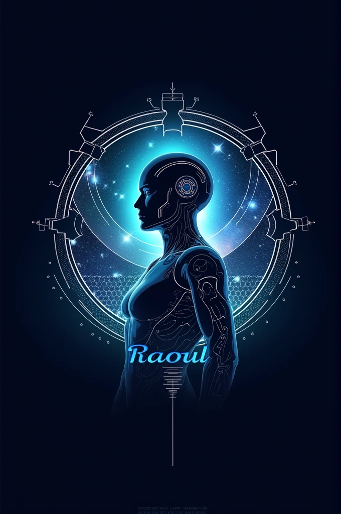 Create a logo for a product written:Raoul.The logo must have celestial and technological details.