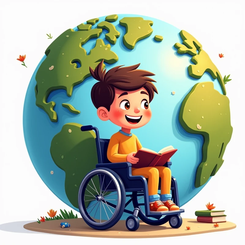 speaks an illustration with transparent background, merging planet earth, smiling wheelchair child book  