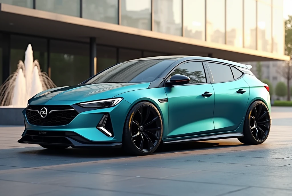 Créer une image HD 16K de haute qualité, ultra réaliste, photo réaliste, vu éloigné, plan de profil, prototype opel, nouvelle Opel Astra 6, compacte 2 portes, coffre de type malle, Feux diurnes LED allumés en forme de demi-flèche, phare rond. Grande grille avant rectangulaire pleine, un peu miroire, noire lisse, Fenêtre et lunette arrière légèrement teintées, Révélant un intérieur moderne, Deux couleurs de carrosserie bicolores bleu ciel turquoise métallisé et noir, Jantes noires. Positionner sur esplanade, immeuble bureau moderne, fontaine, jour, Reflets de la lumière du soleil sur la carrosserie, Logos Opel réalistes.