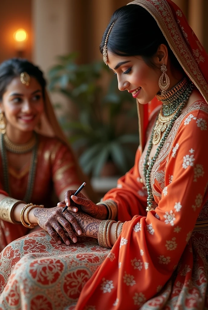 The image of a henna artist drawing henna for a bride