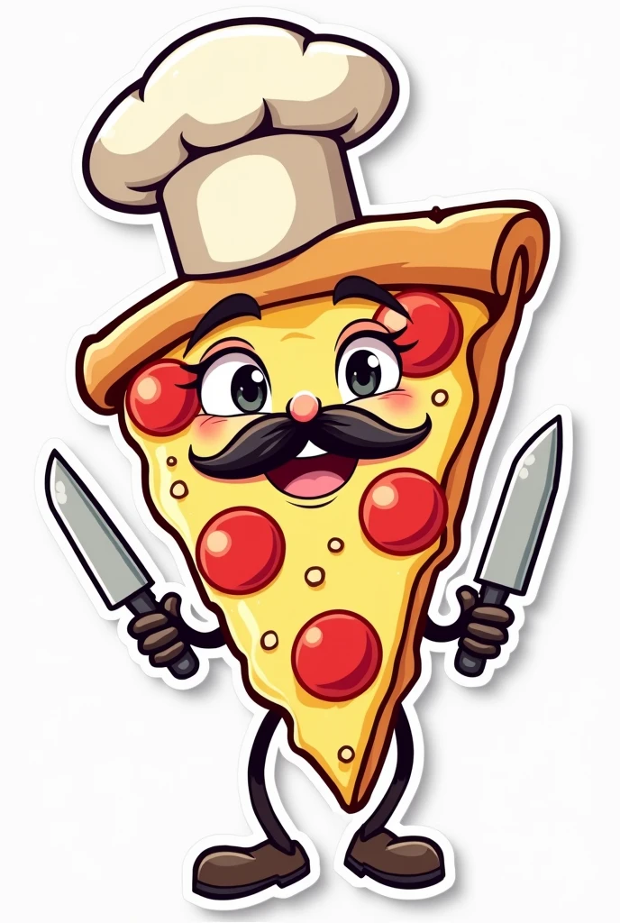 Sticker of a slice of pizza with a mustache and a chef&#39;s hat with feet and hands with chef&#39;s knives Happy Not cute Not anime
