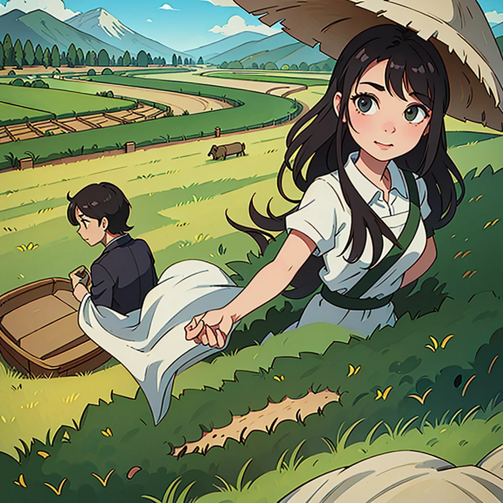 Portray the Rinehart family working on their prosperous farm in Eldoria, with vast green fields all around, distant mountains and a serene river in the background.