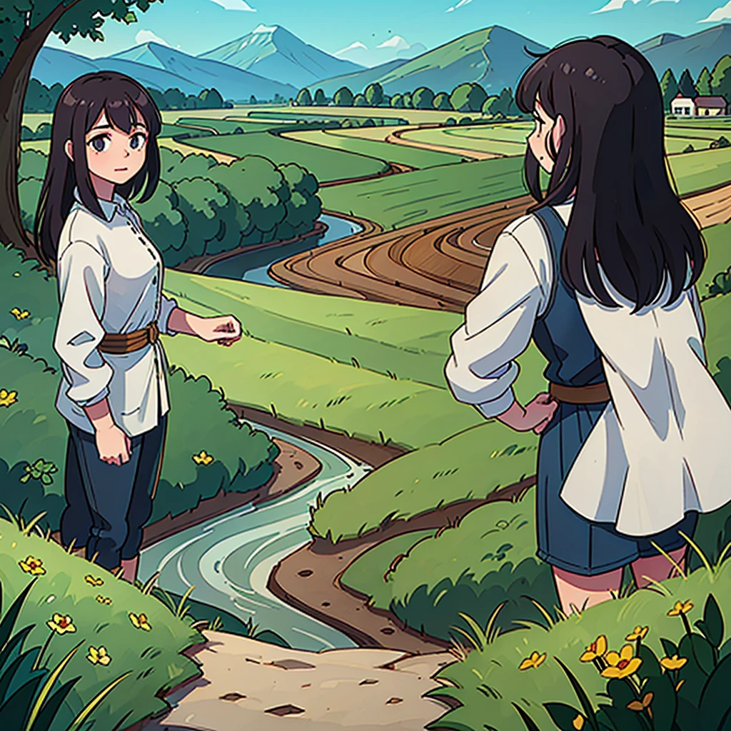 Portray the Rinehart family working on their prosperous farm in Eldoria, with vast green fields all around, distant mountains and a serene river in the background.