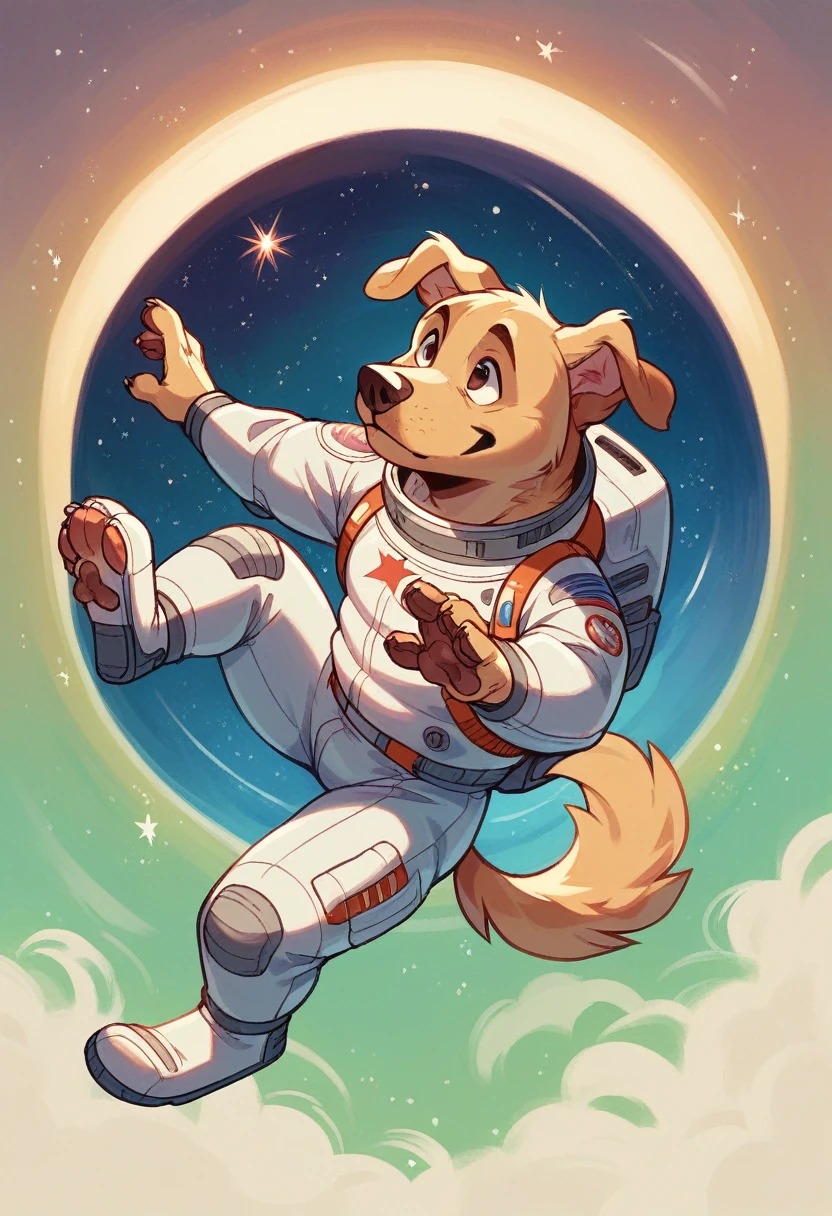 , furry, dog, golden labrador, falling through space, vintage props floating in air, space background, wearing dog space suit, vibrant colors