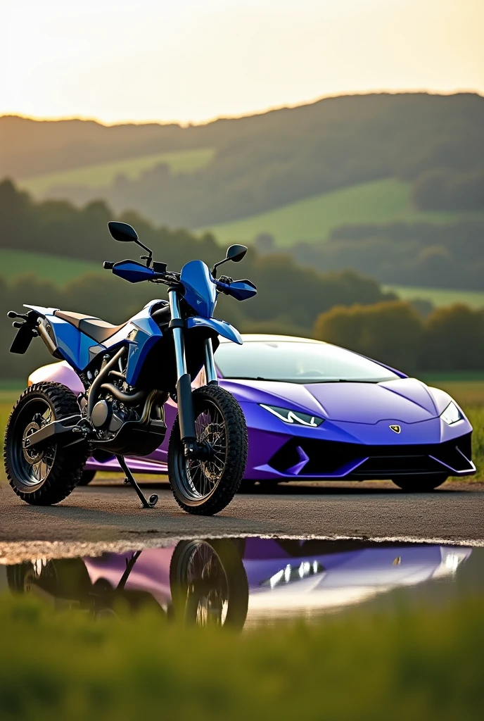 high quality photography ((masterpiece)) 
A blue enduro bike and next to it a purple Lamborghini In the countryside, The afternoon is already falling