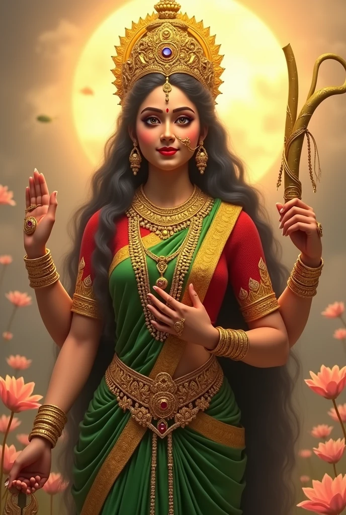 "Create an ultra-realistic image of the Supreme Goddess Lalitha, showcasing her divine grace and beauty. She should be depicted with radiant, golden skin that glows with an ethereal light. Her face should be exquisitely detailed, with large, compassionate eyes full of wisdom and serenity, a finely sculpted nose, and full lips curved into a regal, serene smile. Her long, dark hair should be styled elegantly, adorned with a richly decorated crown set with precious gemstones.
Goddess Lalitha should be dressed in an opulent green saree paired with a vibrant red blouse. The saree should be richly embroidered with intricate patterns and divine symbols in gold, reflecting her supreme status. The blouse should complement the saree, adding to the regal appearance. Her attire should be completed with luxurious jewelry, including elaborate necklaces, bangles, and earrings that shimmer with divine light.
In one hand, she should hold an extremely long sugarcane stalk, symbolizing sweetness, fertility, and prosperity. Her other hand could be in a blessing gesture or holding a sacred object. The background should feature a celestial scene with soft, golden light, and elements such as lotus petals or clouds, enhancing the divine and majestic atmosphere. The overall image should capture Goddess Lalitha’s supreme beauty, grace, and divine authority in a highly realistic and detailed manner."
