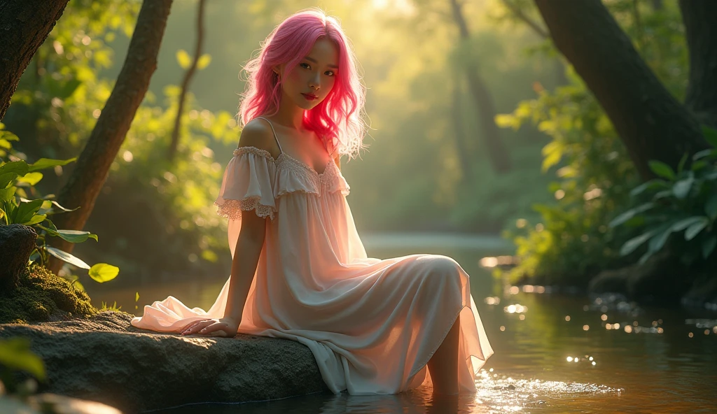 Rose from blackpink, pink hair, (full body), wearing medieval long cotton nightie clothes, sitting on a rock, feet in the water, Drenched hair, The background is a forest, sunset, (masterpiece, best quality, award winning, highres), skinny, intricate and beautiful design, highly detailed beautiful face, super detailed beautiful eyes, light smile, sitting near stream, forest, leaves flow, windy, sun lights through forest, fantasy art, dynamic lighting, cinematic lighting, hyper realistic, extremely CG detail, octane render, (artistic + masterpiece:1.4), (incredibly detailed eyes), (8k, Photorealistic, Photo RAW, Best quality: 1.4), (UHD), (Ultra high realism), (Ultra high definition), (Ultra high detail), (Realistic face), Beautiful hairstyle, Realistic bright amber eyes, Beautiful details, (Realistic skin), Pale, smooth and luminous skin with iridescent shine and no imperfections, Ultra high definition, Ultra realistic, Highly detailed, (Cleavage: 0.8)