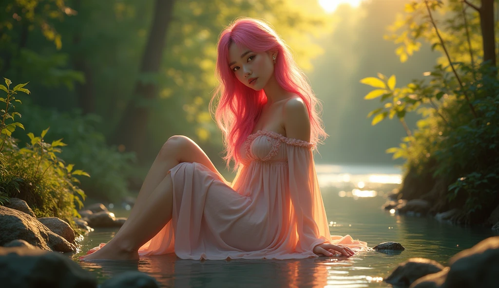 Rose from blackpink, pink hair, (full body), wearing medieval long cotton nightie clothes, sitting on a rock, feet in the water, Drenched hair, The background is a forest, sunset, (masterpiece, best quality, award winning, highres), skinny, intricate and beautiful design, highly detailed beautiful face, super detailed beautiful eyes, light smile, sitting near stream, forest, leaves flow, windy, sun lights through forest, fantasy art, dynamic lighting, cinematic lighting, hyper realistic, extremely CG detail, octane render, (artistic + masterpiece:1.4), (incredibly detailed eyes), (8k, Photorealistic, Photo RAW, Best quality: 1.4), (UHD), (Ultra high realism), (Ultra high definition), (Ultra high detail), (Realistic face), Beautiful hairstyle, Realistic bright amber eyes, Beautiful details, (Realistic skin), Pale, smooth and luminous skin with iridescent shine and no imperfections, Ultra high definition, Ultra realistic, Highly detailed, (Cleavage: 0.8)