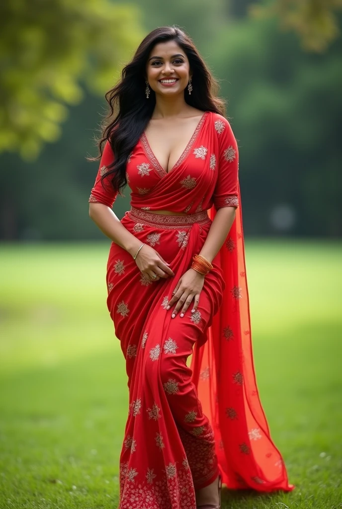 Fit Indian Wife with a huge round and long cleavage line visible in a folded net saree, red floral saree, HDR, 8k, hyperdetailed, best quality, ultra-high resolution, HDR, curved body, 8k, walking on the lawn , look at viewer, having perfect breasts, ( perfect anatomy with hour glass body type), wavy hair, bright smile