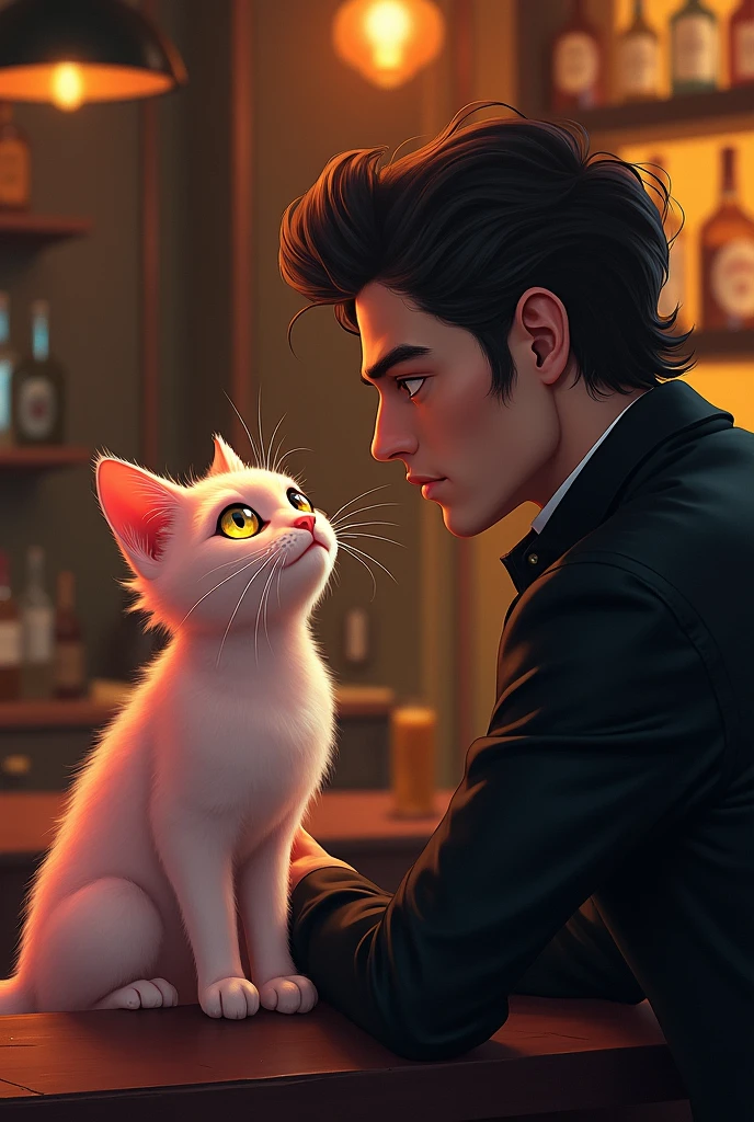 A beautiful cat with golden eyes and pink colour ask the owner of bar ( male in black clothes) to give cat job 