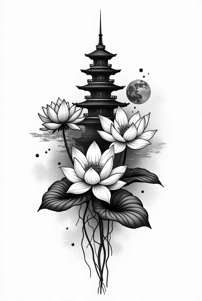 Tatouage fleurs de lotus japonaise noir et blanc style temple boudiste samouraï 