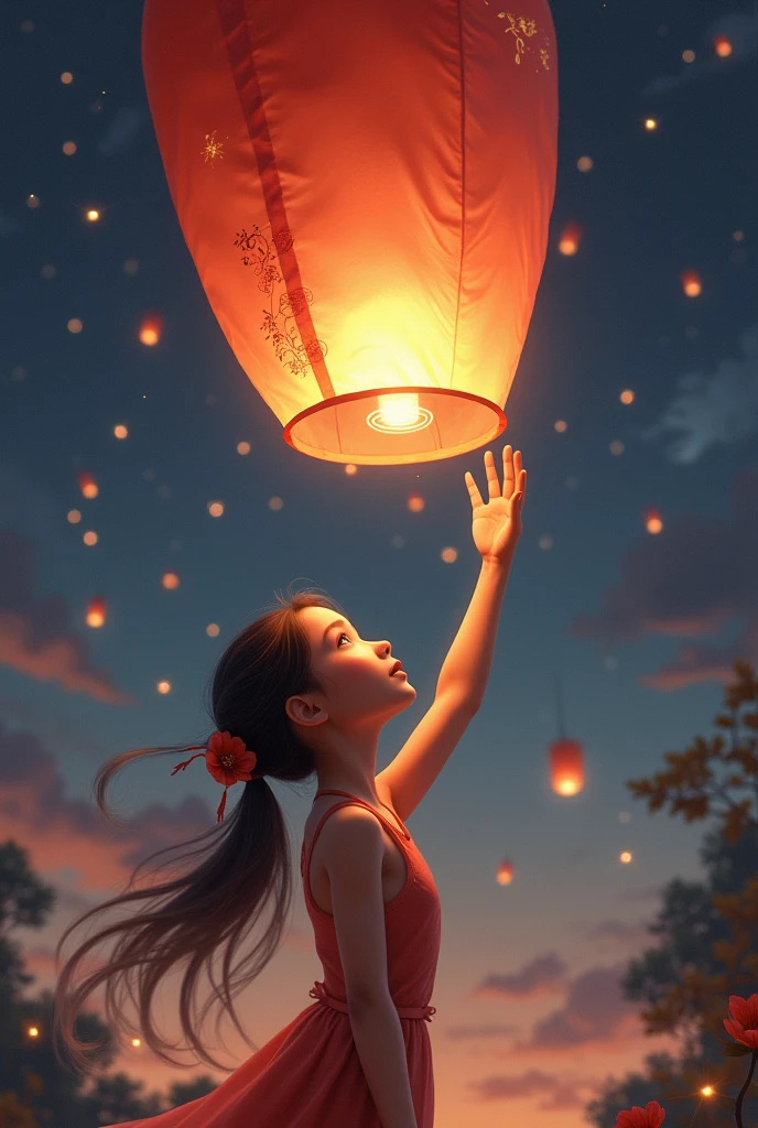 Girl lifting Chinese flying lantern