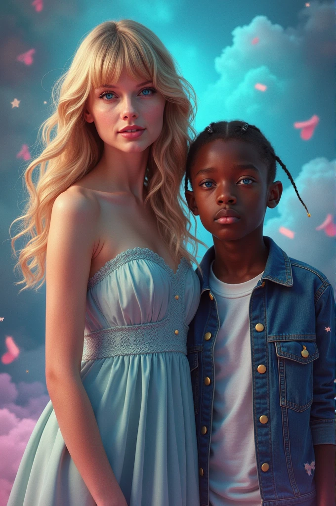 Create an image of Taylor Swift and Snoop Dogg&#39;s son with the blue eyes 