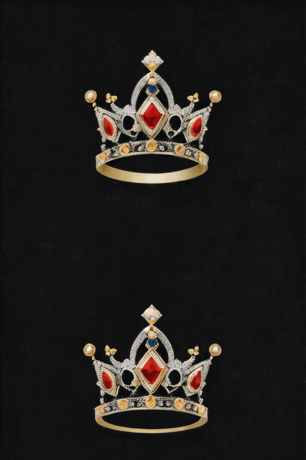 A silver background. Three crowns. The middle one is gold with black stones. The crown on the right is made of black diamond with red stones. The crown on the left is made of iron with blue stones. An iron sword cuts through the middle crown