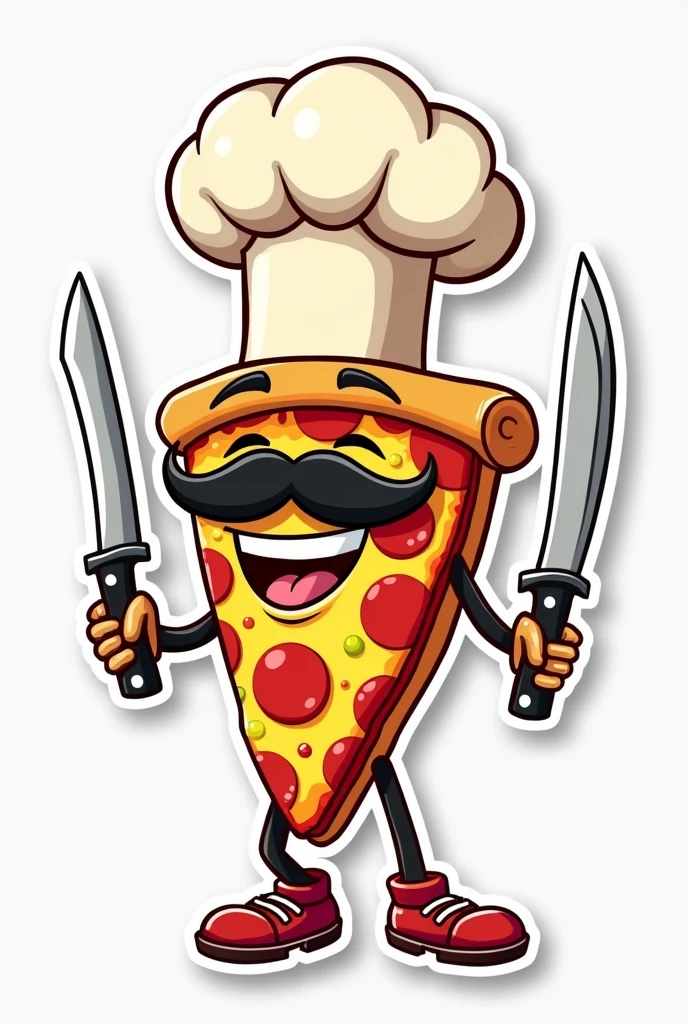 Sticker of a slice of pizza with a mustache and a chef's hat with feet and hands with chef's knives Happy Not cute Not anime