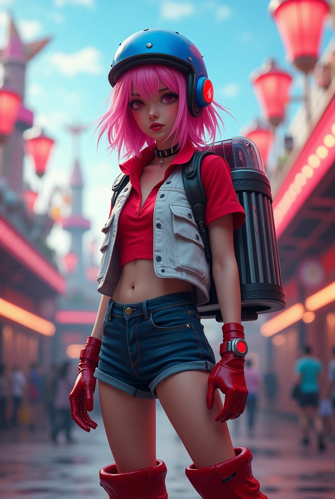 A teenage girl with pink hair wearing a blue helmet, a red shirt and white vest, dark blue mini shorts, big red boots and red makeup under her eyes with a jetpack on her back at an amusement park.