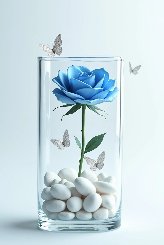 Square glass jar with a stemless blue rose placed on white stones and silver butterflies inside the jar