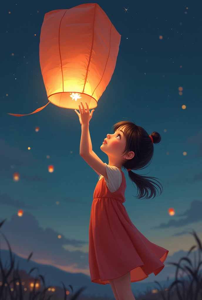 Girl lifting simple Chinese flying lantern 