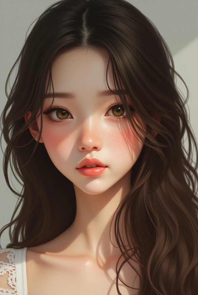 A girl , brown eyes almost green , Brown hair , White skin , beautiful , with a couple of freckles , straight hair , beautiful , make it look realistic