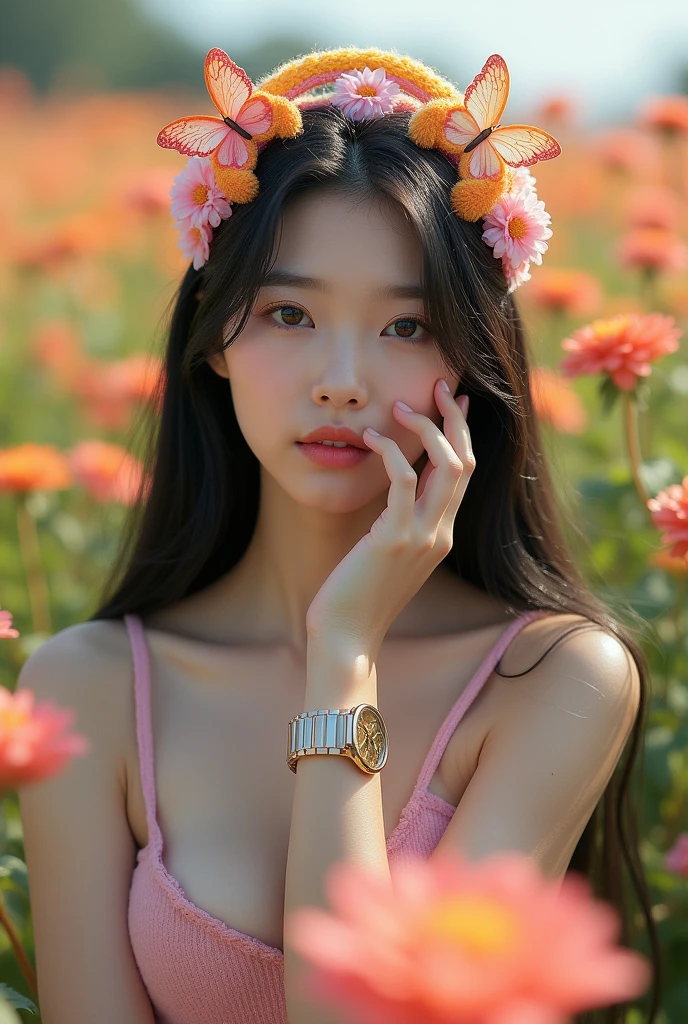 Beautiful Korean girl, smooth white skin, well-groomed face, long straight black hair posing in a very lush and beautiful flower field, lots of butterflies flying, shiny pink yellow knitted hoop, decorated with butterfly motifs, cool watch, original photo